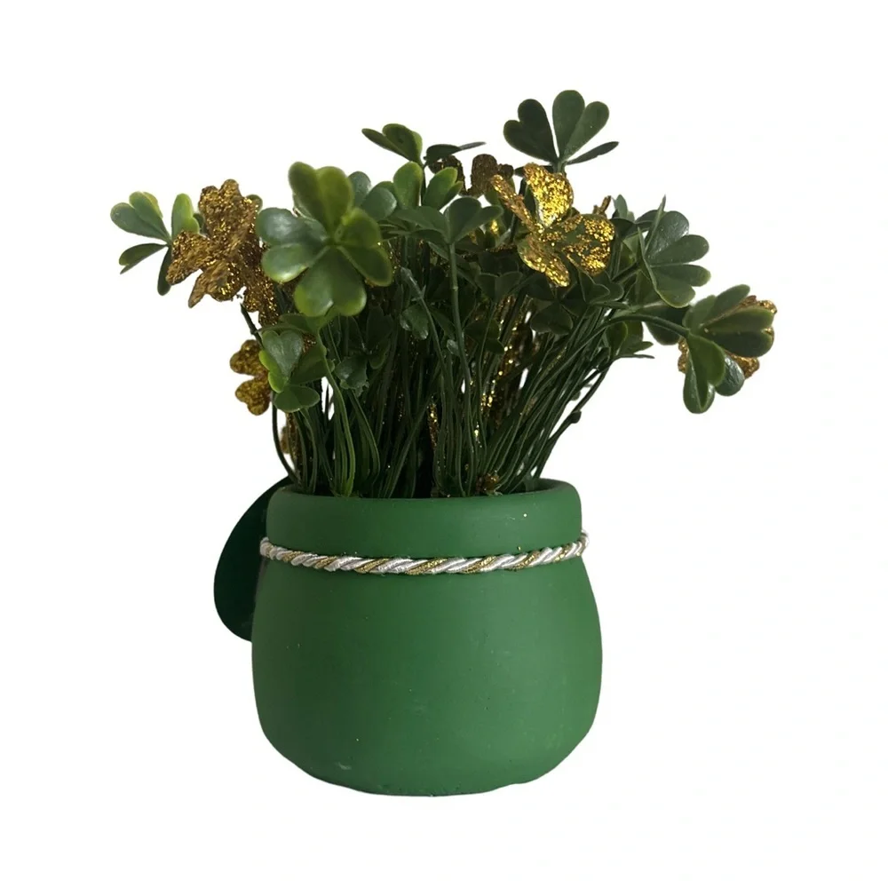 St Patricks Day Table Top Decor Green Gold Decorative Four Leaf Clover Plant Pot